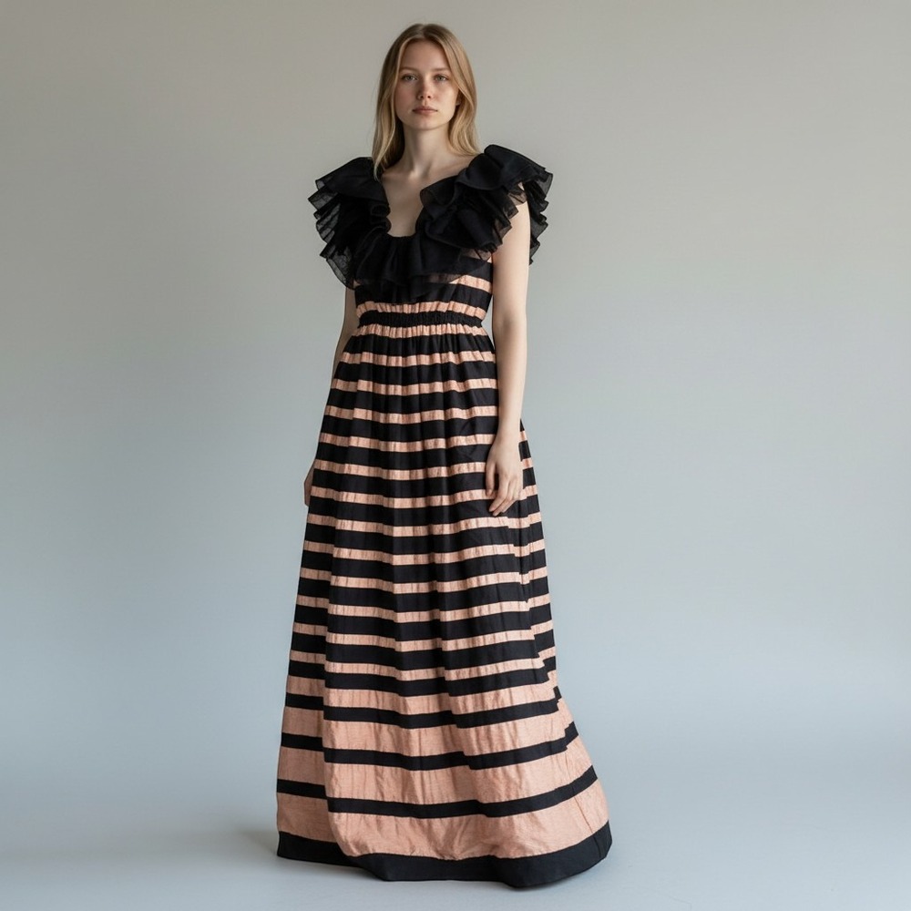 AJ Bari Vintage 80s Ruffle Neck Striped Maxi Dress Black Peach Size 6 Prom Grad